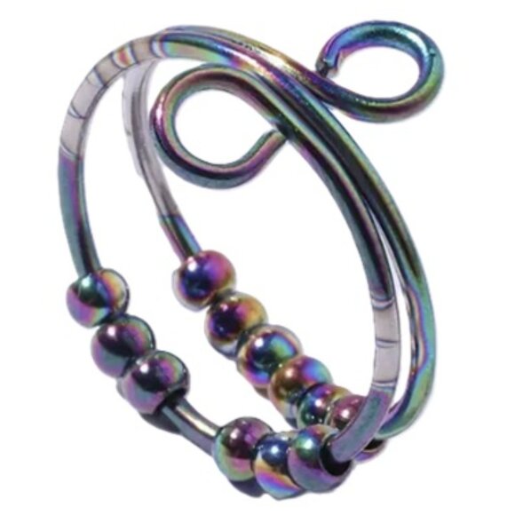 Silver - Sensory, Fidget, Spinner, or Worry Ring - Rainbow Metal & Rainbow Beads - Picture 2 of 2